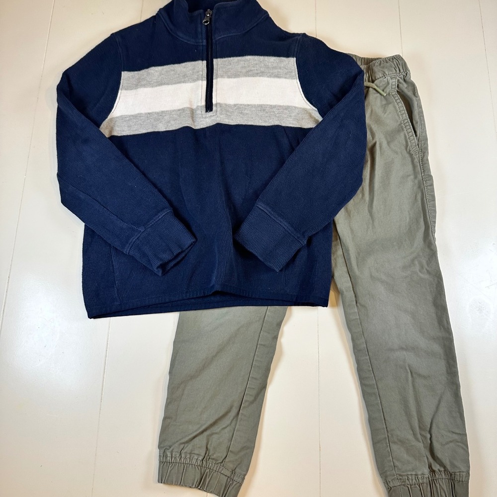Gap Kids Sweater & Jogger Set Boys Small 6-7 Navy Striped Zip Olive Green Pants
